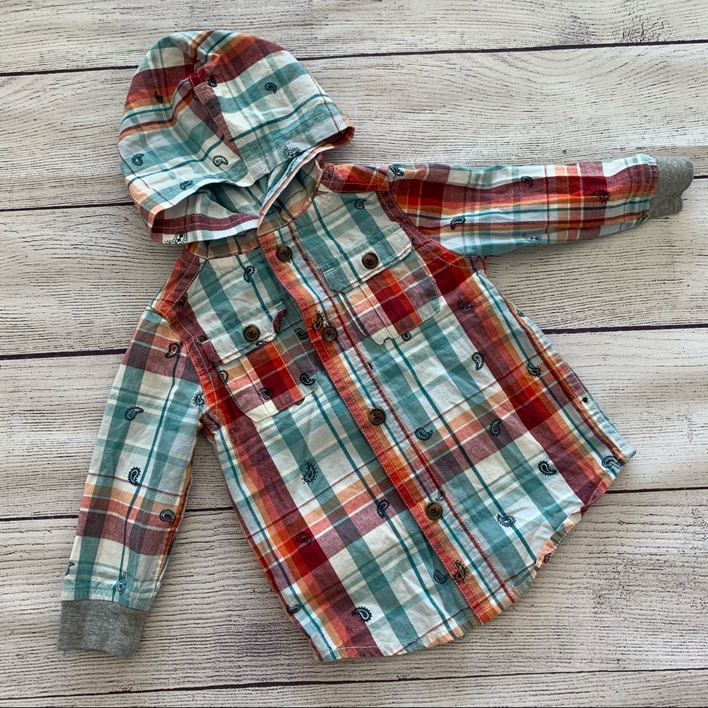 Tea Plaid Hooded Button Down Top 3-6 Months
